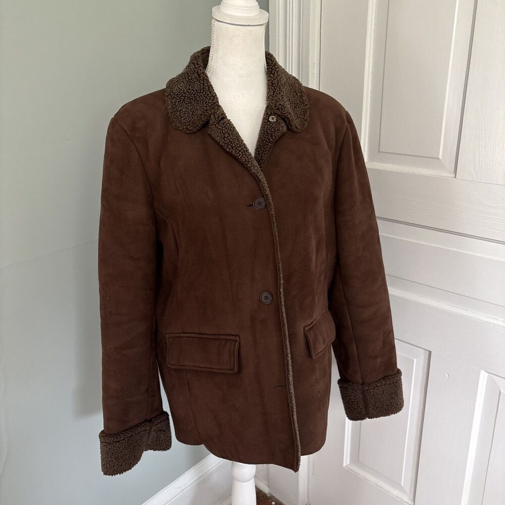 Lands End Classic Brown Faux Sherpa-Lined Women's Coat Sz 14-16